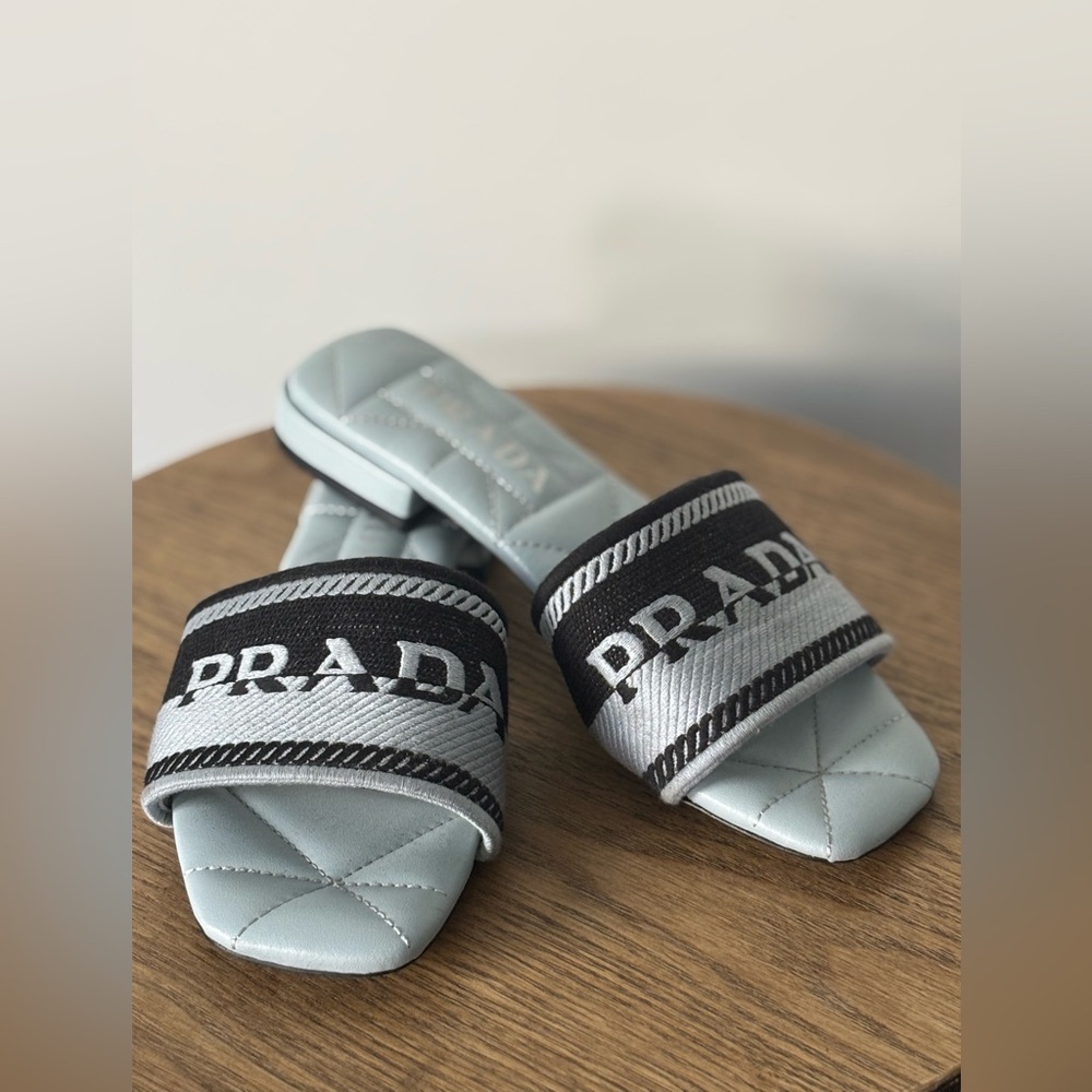 Prada - Fabric Embroidered Slides - Lt Blue - 38